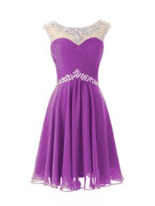 High Quality Cap Sleeves Chiffon Knee Length Zipper Dress for Prom in Purple with Beading