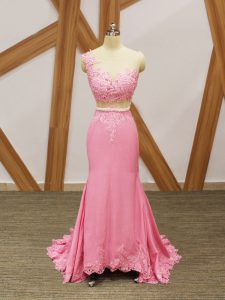 Elastic Woven Satin Scoop Sleeveless Brush Train Zipper Beading and Lace and Appliques Prom Party Dress in Baby Pink