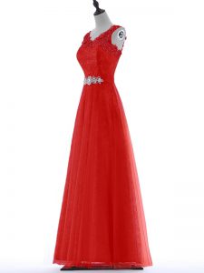 Traditional Red Empire Beading and Lace Prom Party Dress Zipper Tulle Sleeveless Floor Length