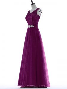 Sleeveless Floor Length Beading and Lace Zipper Prom Gown with Purple