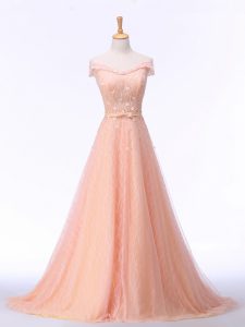 Beautiful Lace Up Evening Gowns Peach for Prom and Party and Military Ball and Sweet 16 with Beading and Lace and Belt B