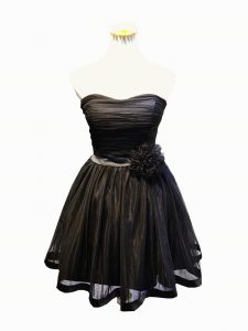 Black A-line Sweetheart Sleeveless Tulle Mini Length Lace Up Ruching and Bowknot and Hand Made Flower Prom Evening Gown