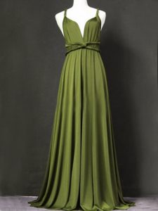 Suitable Olive Green Sleeveless Ruching Floor Length Bridesmaid Dress