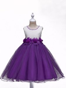 Lace and Hand Made Flower Little Girls Pageant Gowns Purple Zipper Sleeveless Knee Length
