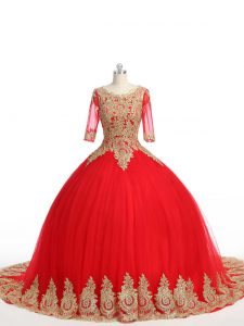 Half Sleeves Tulle Brush Train Zipper 15th Birthday Dress in Red with Lace and Appliques