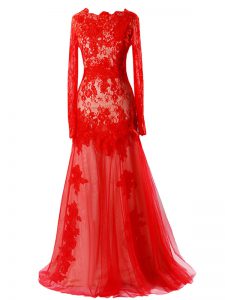 Gorgeous Mermaid Evening Gowns Red Scalloped Tulle Sleeveless Floor Length Zipper
