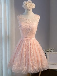 Attractive Mini Length Lace Up Prom Dresses Pink for Prom and Party and Beach with Appliques and Belt
