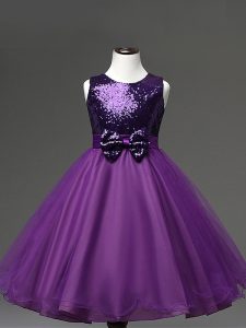 Purple Zipper Scoop Sequins and Bowknot Flower Girl Dresses Tulle Sleeveless