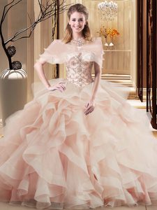 Sleeveless Beading and Ruffles Lace Up Quinceanera Dresses with Peach Brush Train