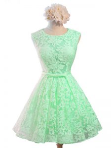 Smart Apple Green Lace Lace Up Scoop Sleeveless Knee Length Bridesmaids Dress Belt