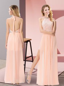 Column/Sheath Evening Dress Peach Halter Top Chiffon Sleeveless Floor Length Backless