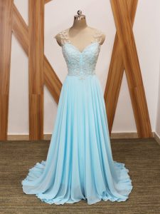 Adorable Short Sleeves Beading and Ruching Side Zipper Prom Evening Gown with Aqua Blue Brush Train