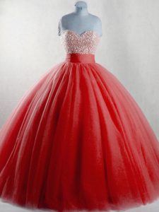 Stunning Red Ball Gowns Tulle Sweetheart Sleeveless Beading Floor Length Lace Up Quinceanera Gown