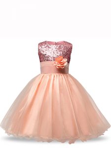 Adorable Peach Kids Pageant Dress Wedding Party with Sequins and Hand Made Flower Scoop Sleeveless Zipper