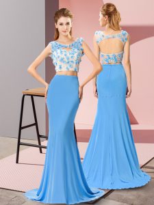 Baby Blue Chiffon Backless Scoop Sleeveless Party Dress Brush Train Beading and Hand Made Flower
