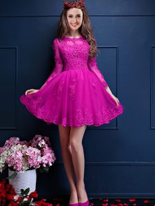 Fuchsia Scalloped Neckline Beading and Lace and Appliques Quinceanera Dama Dress 3 4 Length Sleeve Lace Up