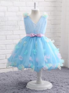 Scoop Sleeveless Kids Formal Wear Knee Length Appliques and Hand Made Flower Baby Blue Organza