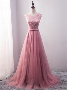 Affordable Lace Up Juniors Evening Dress Pink for Prom and Military Ball with Beading and Belt Brush Train