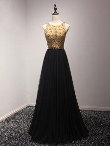 Black Sleeveless Beading and Lace and Appliques Floor Length Party Dress for Girls