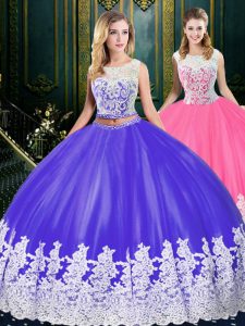 Floor Length Clasp Handle 15 Quinceanera Dress Blue And White for Military Ball and Sweet 16 and Quinceanera with Appliq