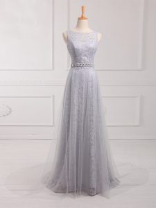 Superior Grey Tulle and Lace Zipper Scoop Sleeveless Wedding Guest Dresses Brush Train Beading and Lace