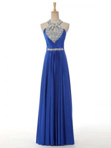 Modern Floor Length Royal Blue Evening Wear Elastic Woven Satin Sleeveless Beading and Ruching