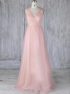 Baby Pink Empire Tulle V-neck Sleeveless Lace Floor Length Zipper Bridesmaid Gown