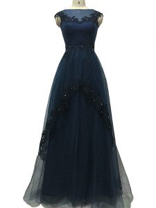 Excellent Navy Blue Empire Bateau Sleeveless Tulle Floor Length Zipper Lace and Appliques Mother Of The Bride Dress
