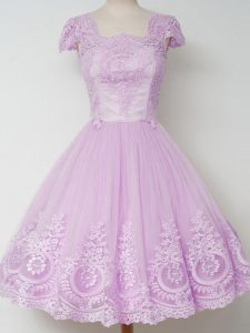 Smart Knee Length Lilac Wedding Party Dress Square Cap Sleeves Zipper