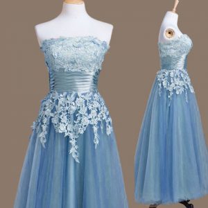 Tea Length Empire Sleeveless Blue Bridesmaid Gown Lace Up