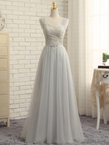 Vintage Grey Zipper Straps Lace Quinceanera Court of Honor Dress Tulle Sleeveless Sweep Train