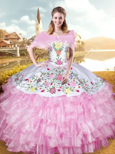 Colorful Rose Pink Sleeveless Embroidery and Ruffled Layers Floor Length Quince Ball Gowns