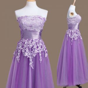 Luxury Tea Length Lavender Bridesmaid Gown Tulle Sleeveless Appliques