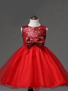 Enchanting Red Zipper Scoop Sequins and Bowknot Flower Girl Dresses for Less Tulle Sleeveless