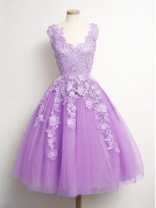 Edgy Knee Length Lilac Wedding Guest Dresses Tulle Sleeveless Appliques