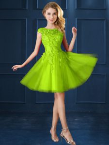 Yellow Green Bateau Lace Up Lace and Appliques Bridesmaid Gown Cap Sleeves