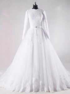 Modern Ball Gowns Long Sleeves White Wedding Gowns Brush Train Lace Up