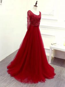 Beading and Lace and Belt Prom Party Dress Wine Red Zipper Long Sleeves Brush Train