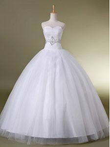 Sleeveless Floor Length Beading Lace Up Bridal Gown with White