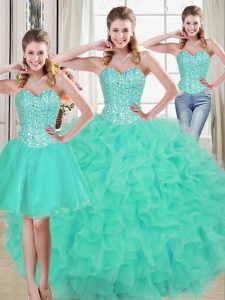 Sleeveless Brush Train Lace Up Beading and Ruffled Layers Quince Ball Gowns
