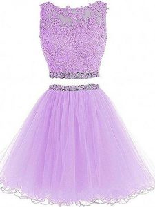 Unique Lavender Sleeveless Mini Length Beading and Lace and Appliques Zipper Prom Party Dress