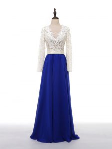 Custom Designed V-neck Long Sleeves Mother Of The Bride Dress Floor Length Lace and Appliques Blue And White Chiffon
