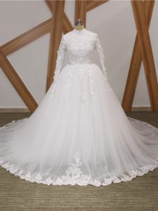 Shining Court Train Ball Gowns Wedding Dresses White High-neck Tulle Long Sleeves Zipper