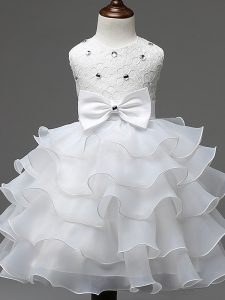 White Ball Gowns Lace and Ruffled Layers and Bowknot Little Girls Pageant Dress Wholesale Zipper Organza Sleeveless Knee