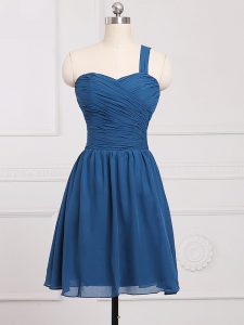 Blue One Shoulder Neckline Ruching Court Dresses for Sweet 16 Sleeveless Zipper