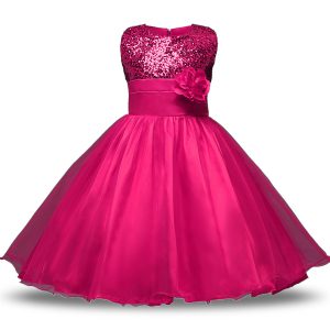 Sleeveless Organza and Sequined Knee Length Zipper Flower Girl Dresses for Less in Hot Pink with Belt and Hand Made Flow