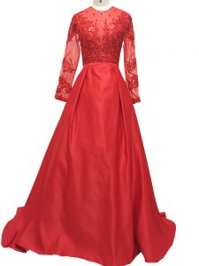 Perfect Red Long Sleeves Brush Train Lace and Appliques Mother Of The Bride Dress