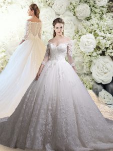 Beauteous Off The Shoulder 3 4 Length Sleeve Tulle Bridal Gown Lace Chapel Train Zipper