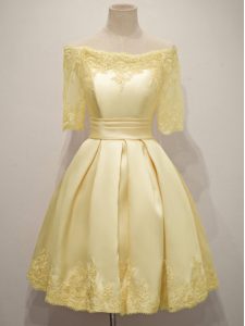 Yellow Taffeta Lace Up Dama Dress Half Sleeves Knee Length Lace