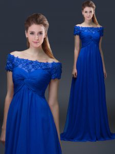 Empire Mother Of The Bride Dress Blue Off The Shoulder Chiffon Short Sleeves Floor Length Lace Up